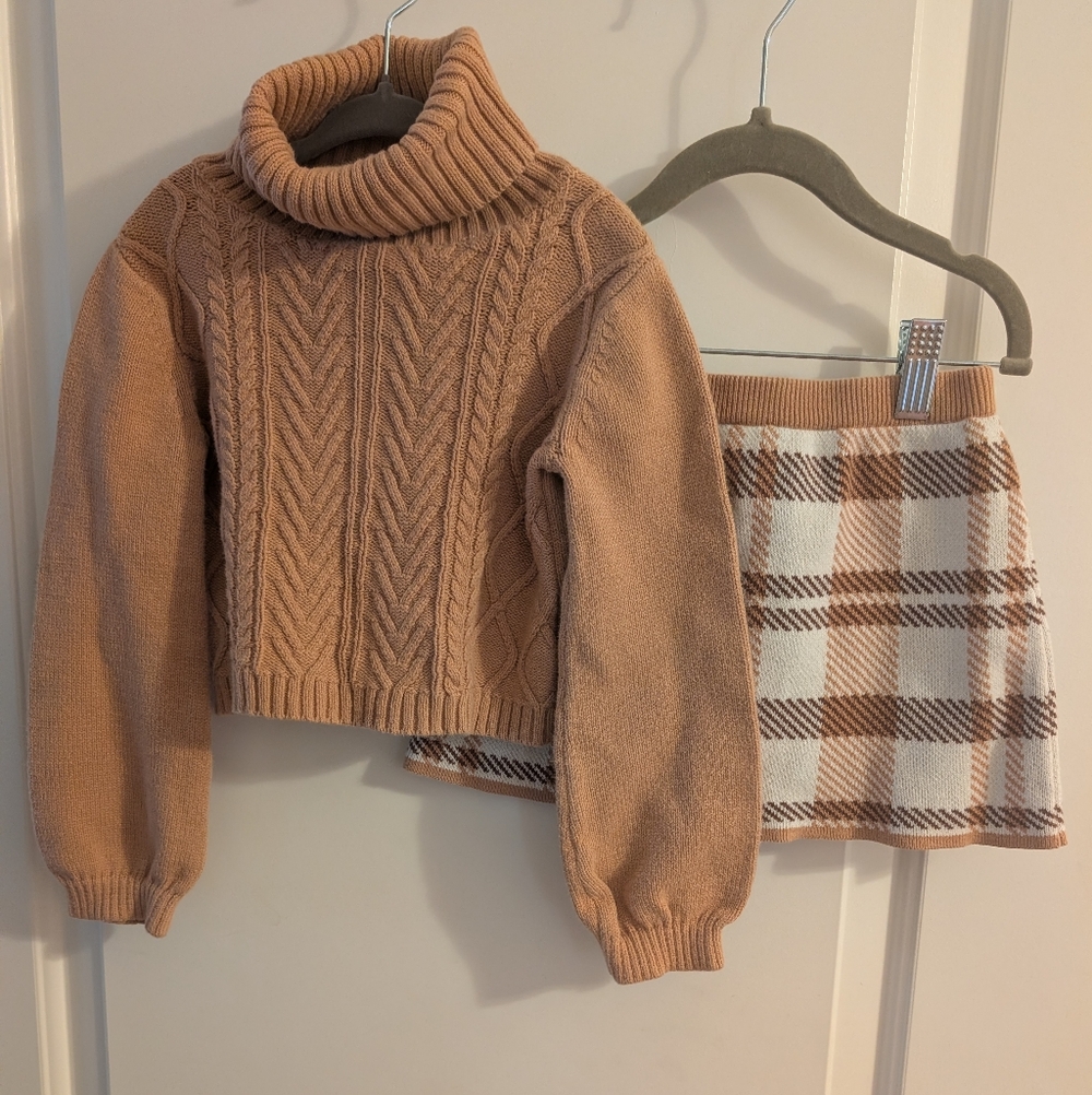Tahari Tan Cable Knit Turtleneck and Plaid Skirt‎ Set